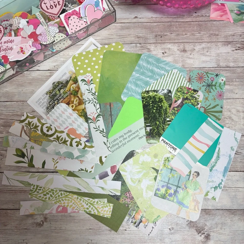 Green Themed Junk Journal Paper Scrap Pack Kit 100 Pieces Ephemera Scrapbook Lot